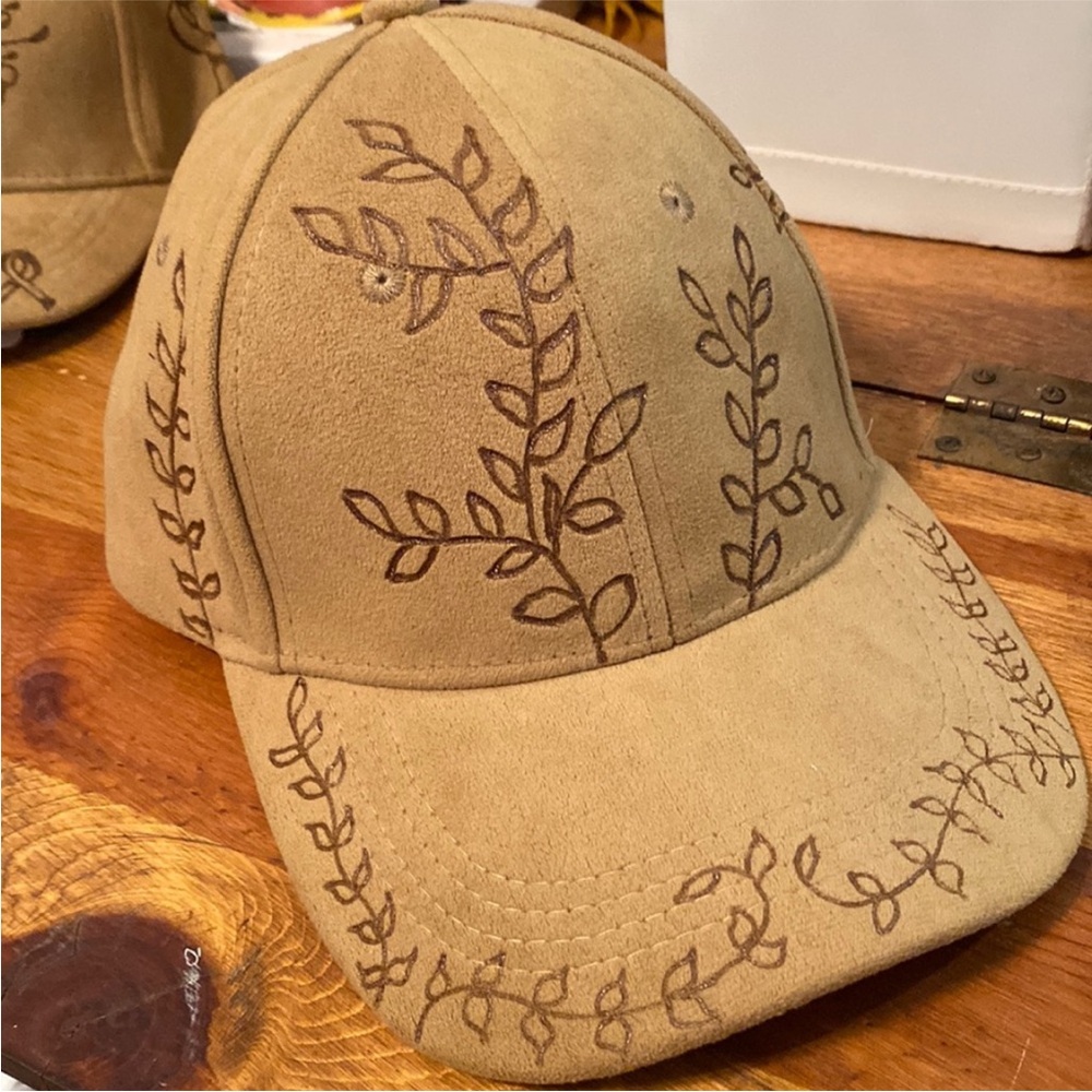 Tan Suede Cap with hand burned vines